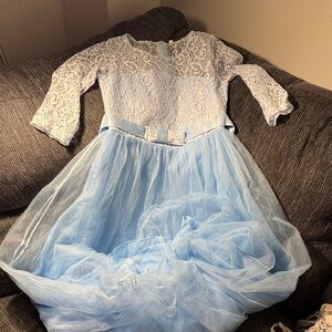 Long Charming Light Blue Lace Kids Dress
